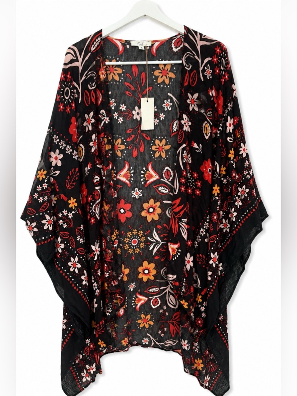 Easel Black Sheer Floral Kimono with Red & Yellow Blooms